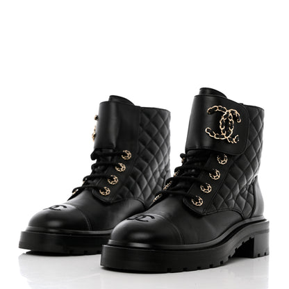 Chanel Shiny Lambskin Quilted Lace Up Combat Boots 38.5 Black 3 of 12