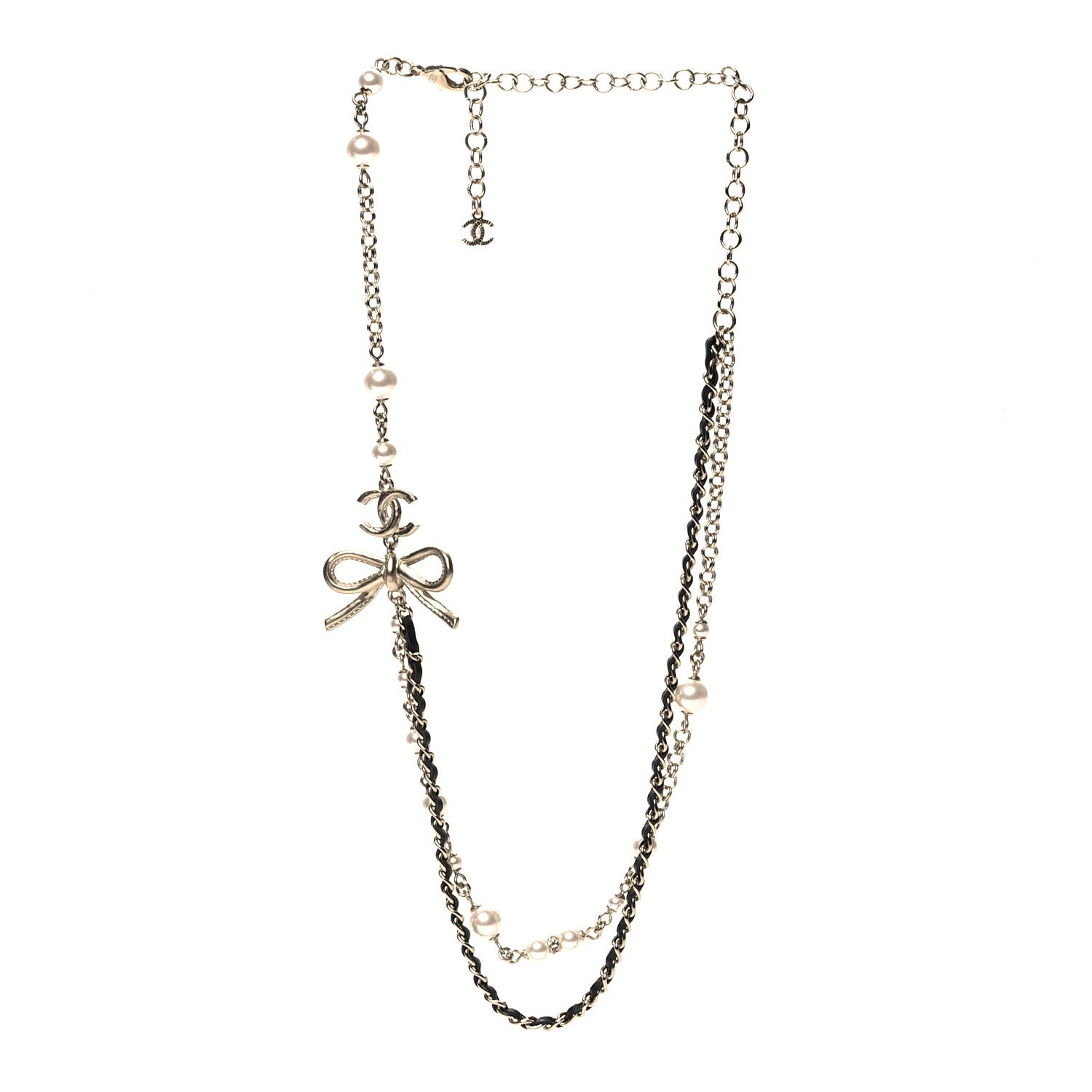 Chanel Calfskin Pearl Metal CC Bow Necklace Gold White Black 3 of 5
