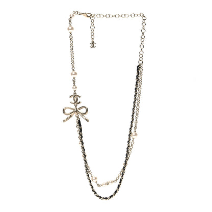 Chanel Calfskin Pearl Metal CC Bow Necklace Gold White Black 3 of 5