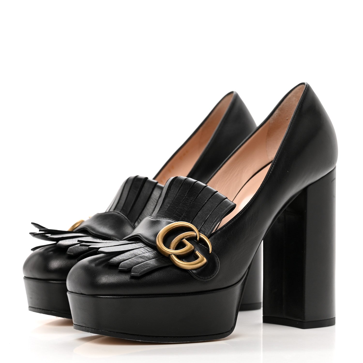 Gucci Malaga Kid GG Marmont Fringe Platform High Heel Loafer Pumps 38 Black 3 of 8