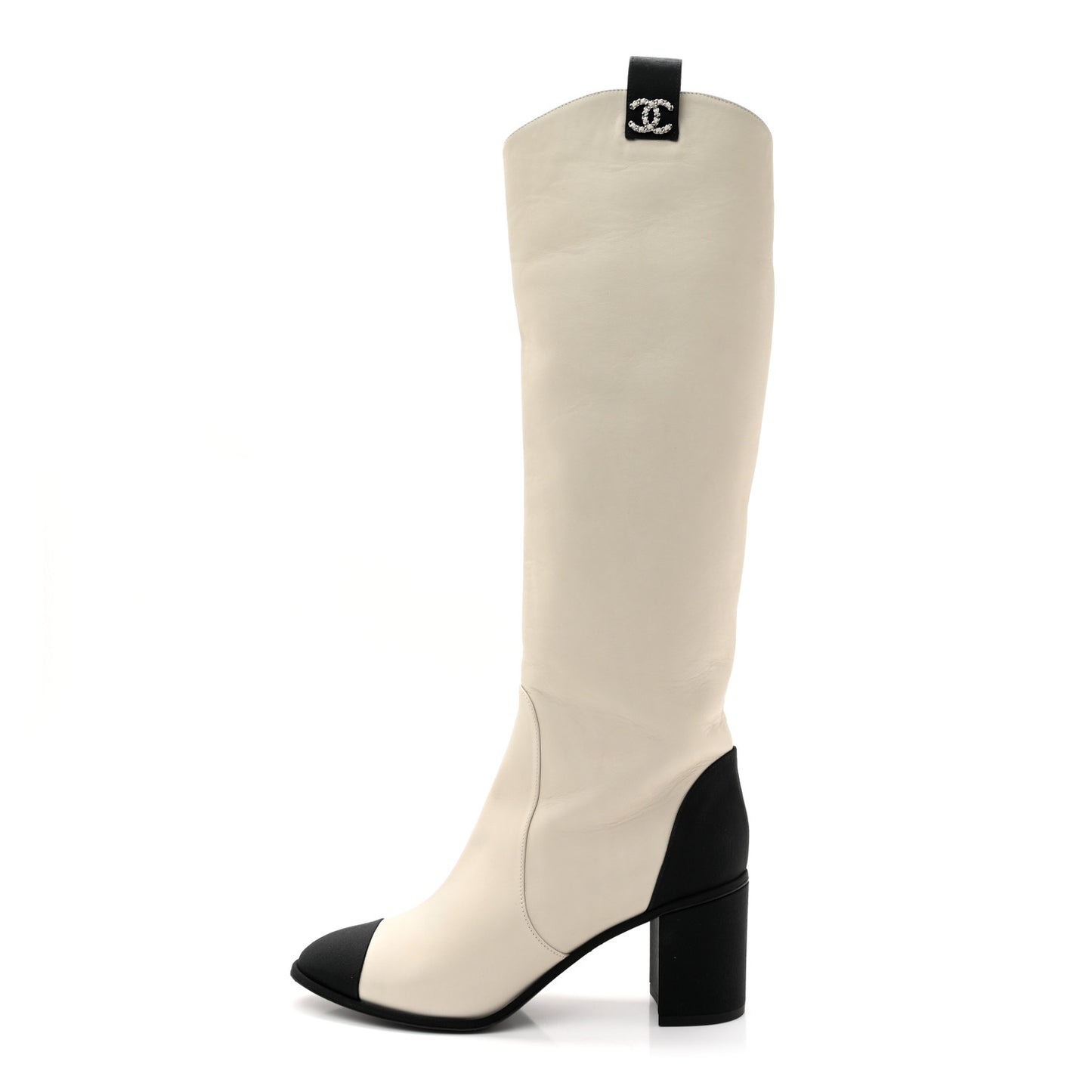 Calfskin Grosgrain Cap Toe Knee High Boots 39.5 White Black