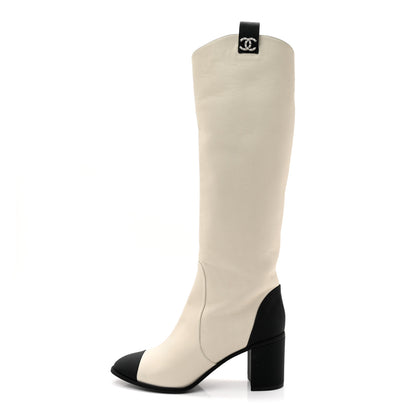 Chanel Calfskin Grosgrain Cap Toe Knee High Boots 39.5 White Black 1 of 11