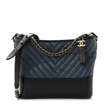 Chanel Aged Calfskin Chevron Quilted Medium Gabrielle Hobo Navy Black 1 of 10