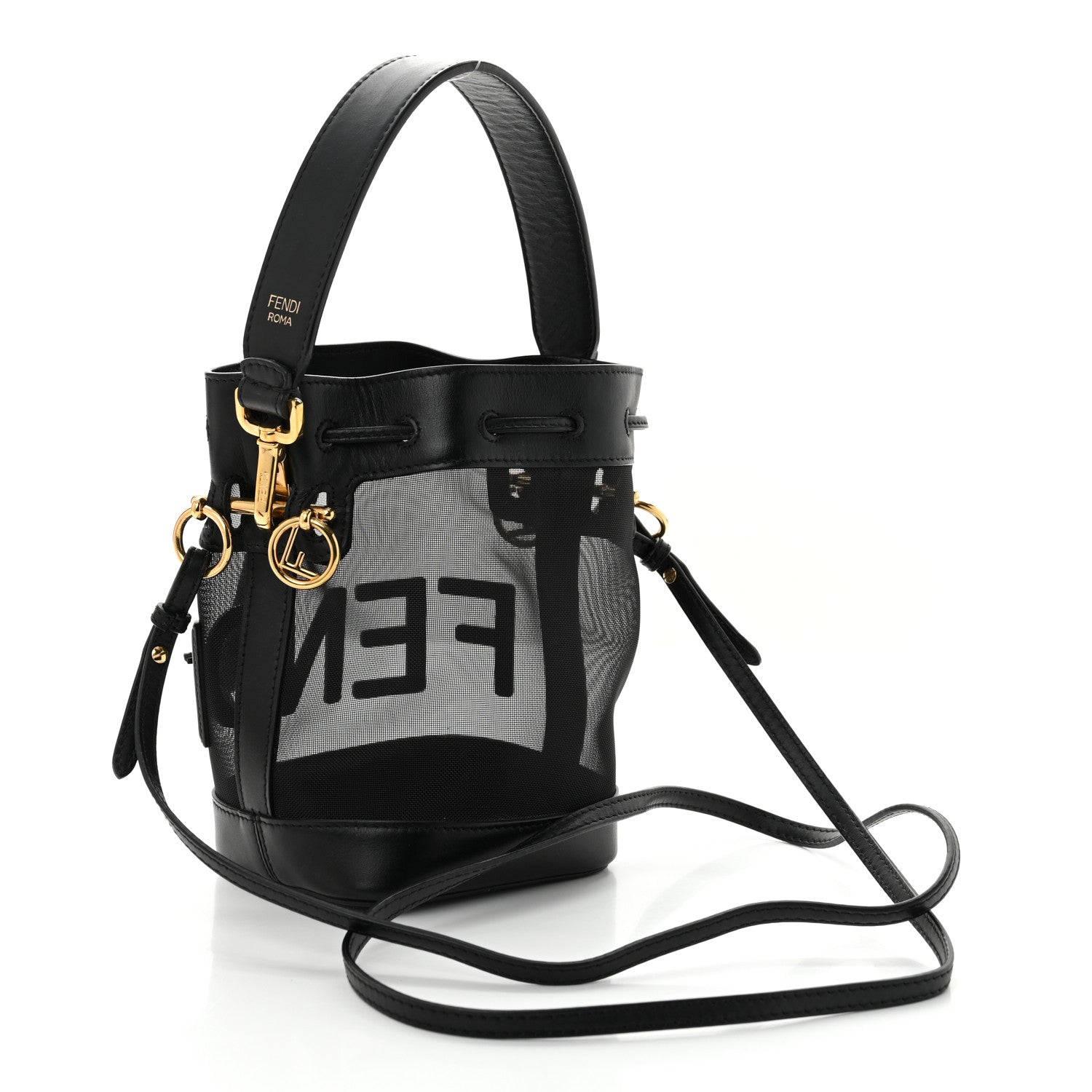Fendi Mesh Vitello King F is Fendi Logo Embroidered Mini Mon Tresor Bucket Bag Black 3 of 11