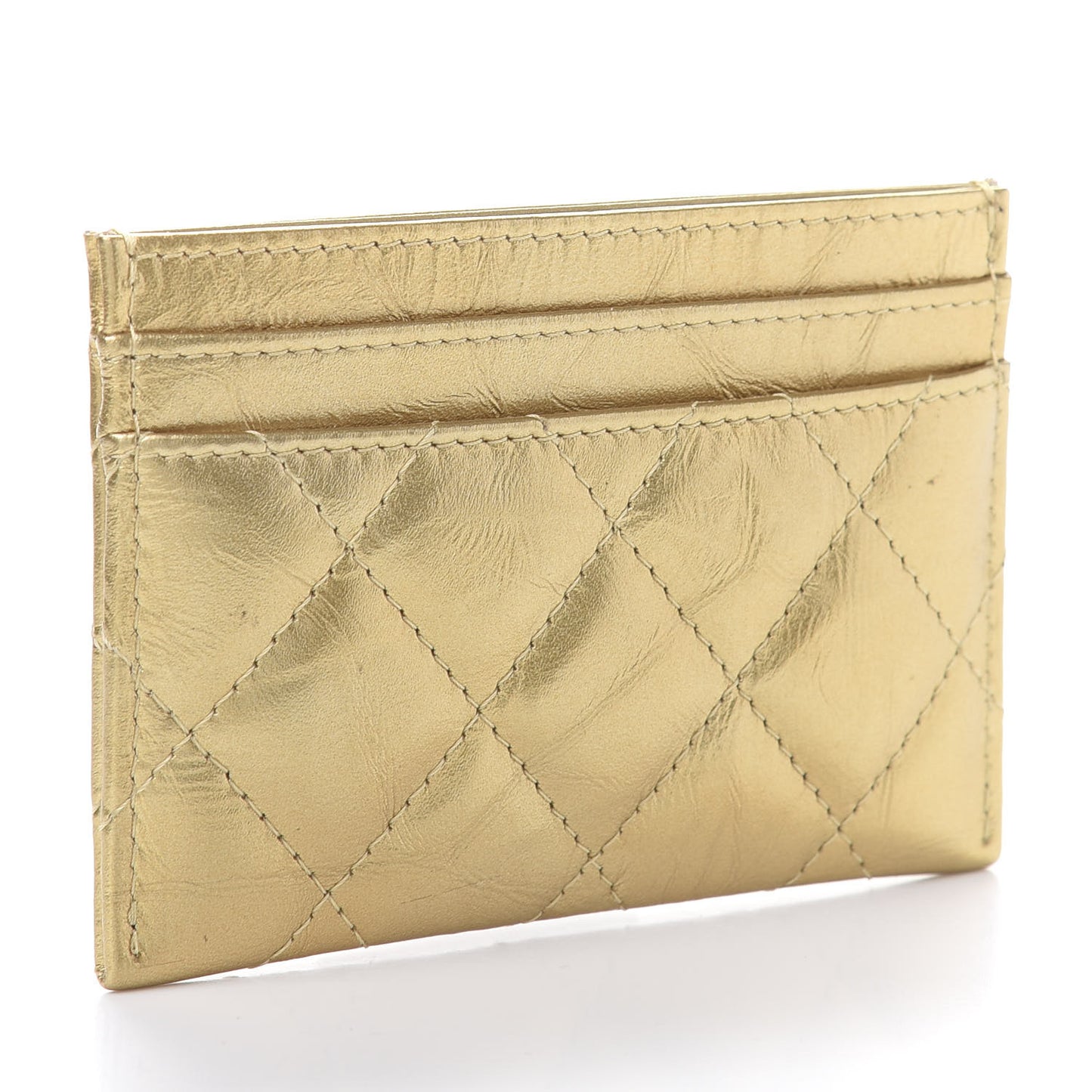 Aged Metallic Calfskin Pearl CC Quilted Card Holder Gold