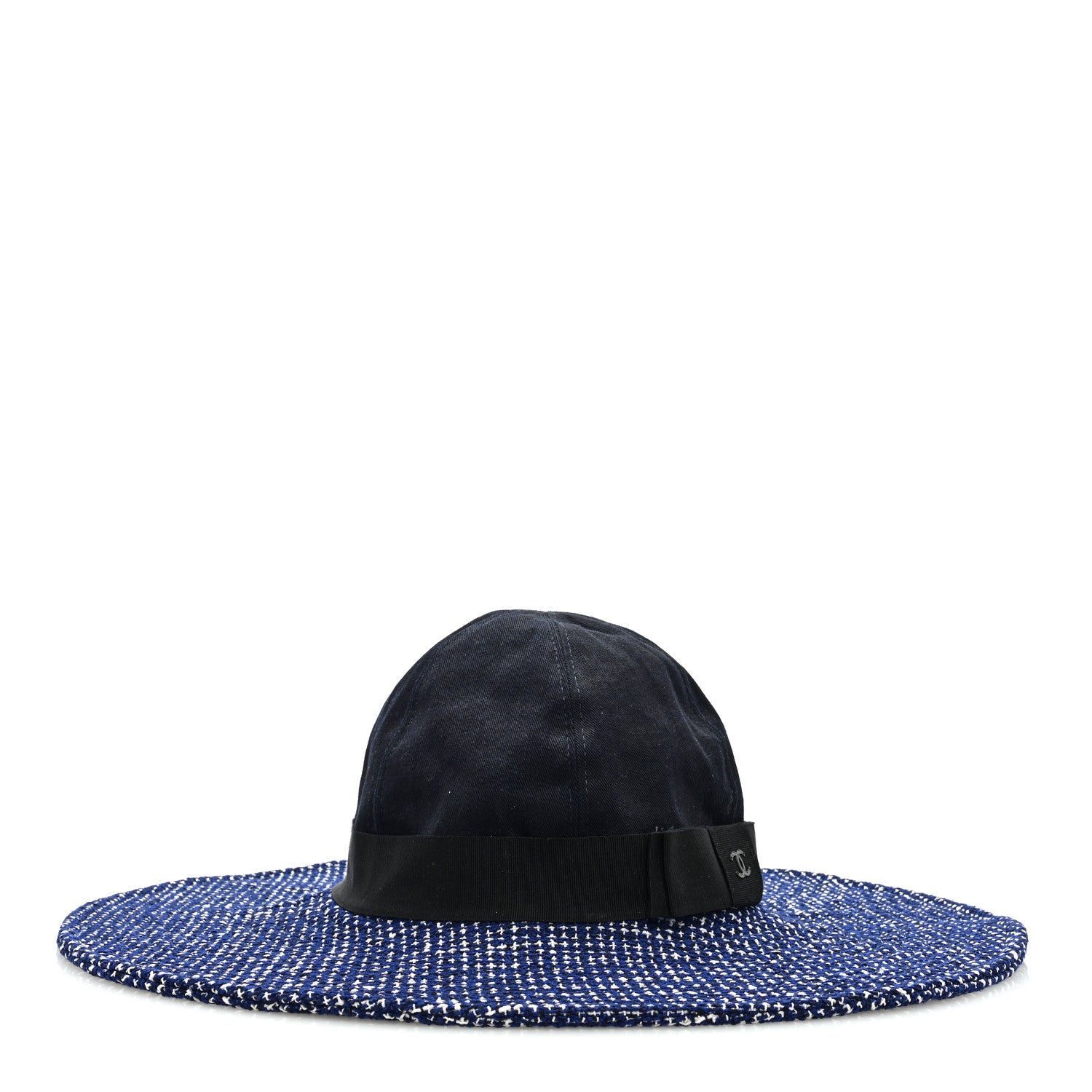 Chanel Tweed Cotton Wide Brim Hat 56 Navy White Black 3 of 8