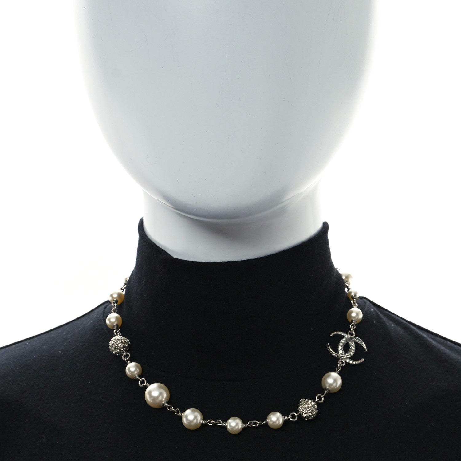 Chanel Crystal Pearl CC Short Chain Drop Necklace Silver 2 of 6