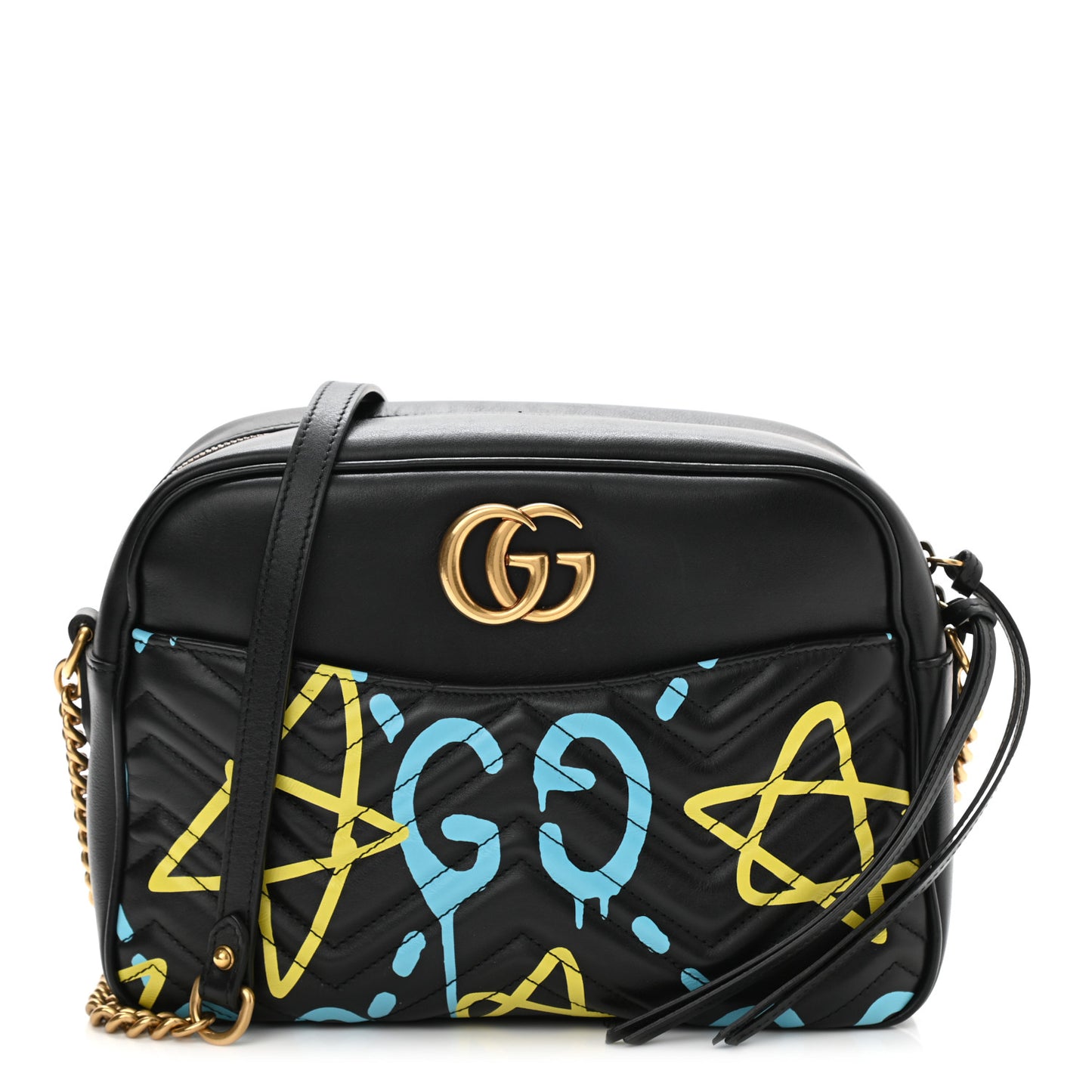 Calfskin Matelasse GucciGhost Medium GG Marmont Chain Shoulder Bag Black New Acquamarine