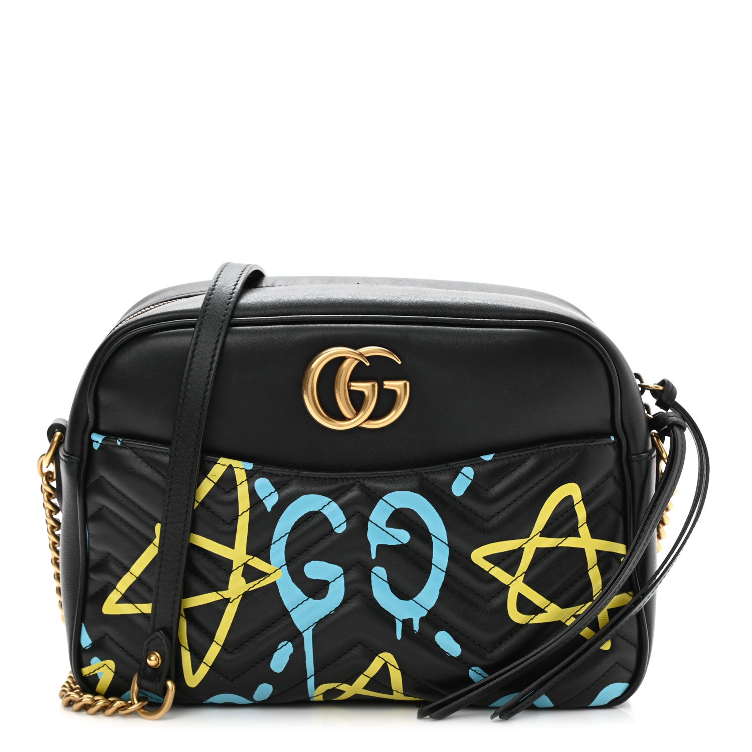 Gucci Calfskin Matelasse GucciGhost Medium GG Marmont Chain Shoulder Bag Black New Acquamarine 1 of 9