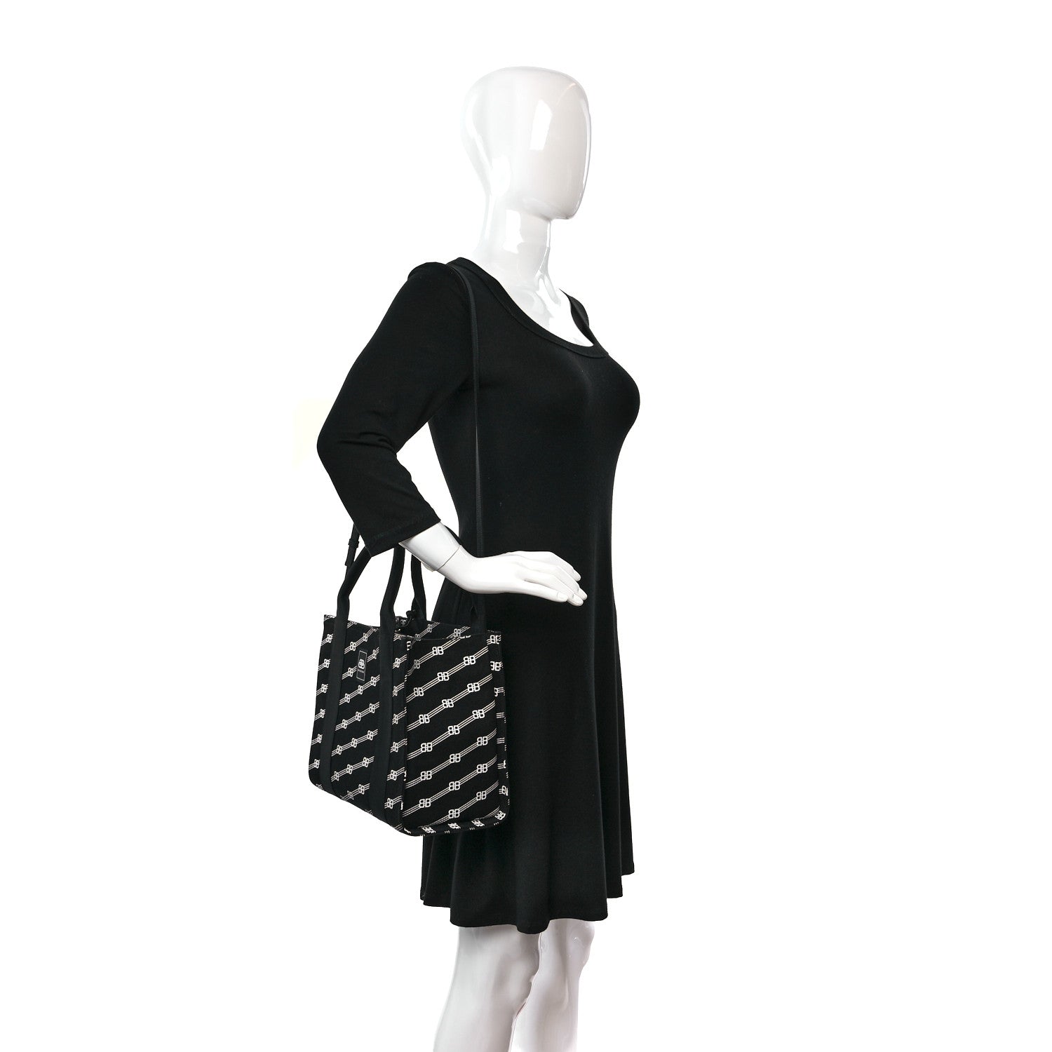 Balenciaga Cotton Canvas Diagonal BB Monogram Small Sharp Tote Black White 2 of 8