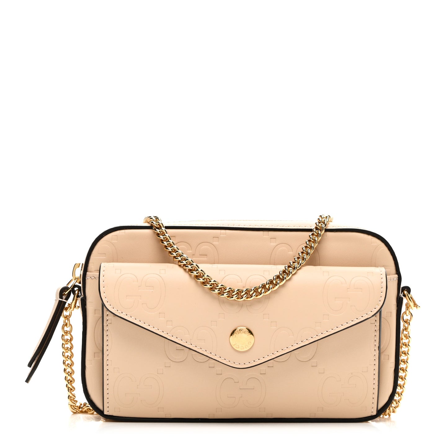 Calfskin GG Super Mini Debossed Chain Wallet Light Beige