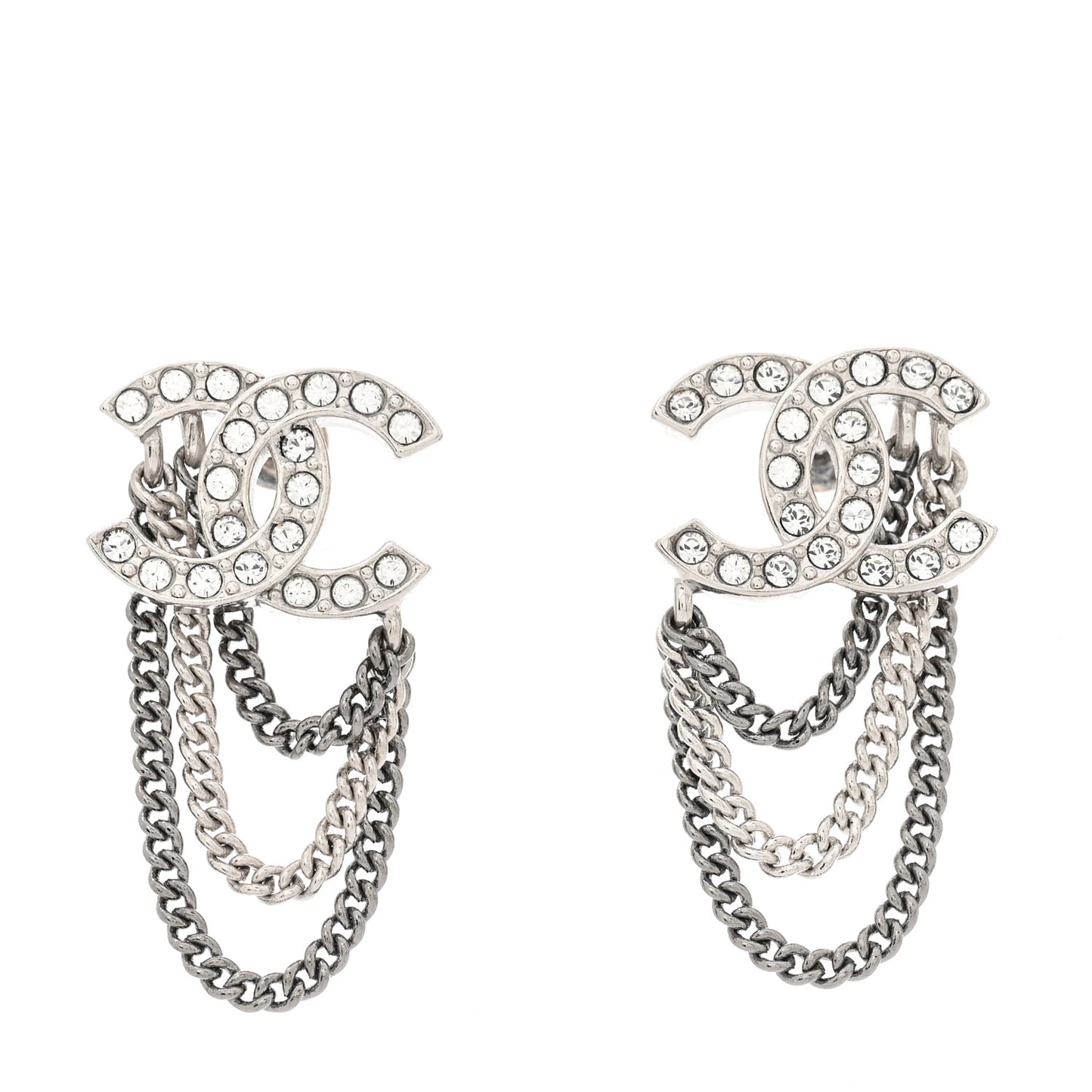 Crystal Chain CC Earrings Silver