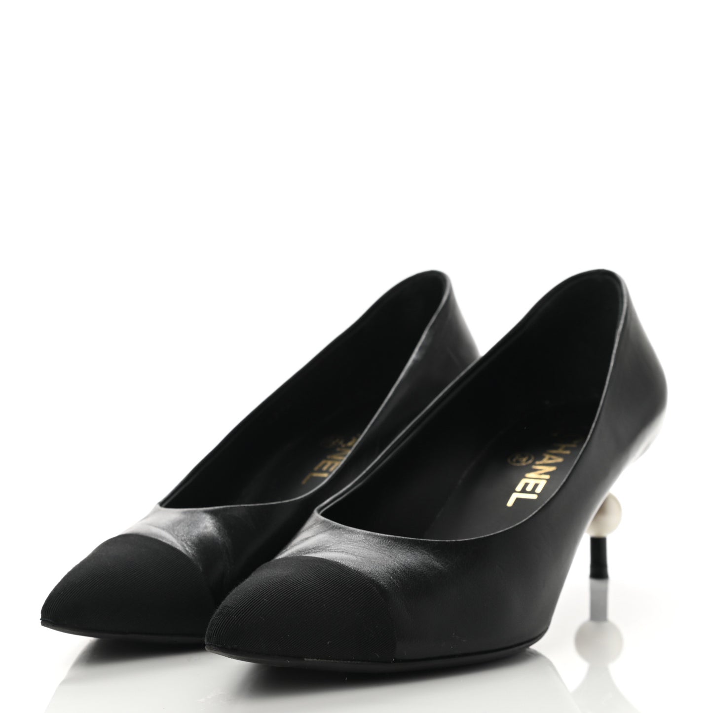 Lambskin Grosgrain Pearl Cap Toe Pumps 38 Black