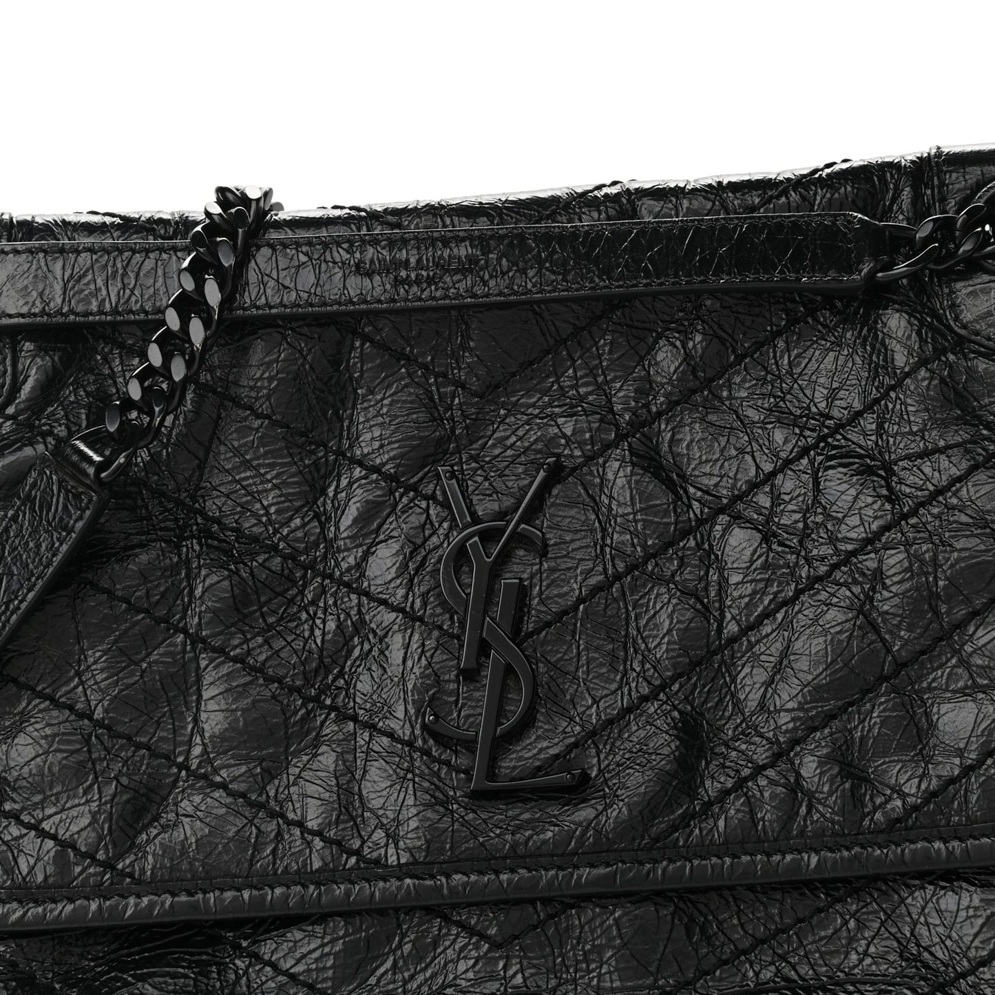 Crinkled Calfskin Matelasse Monogram Medium Niki Chain Satchel Black