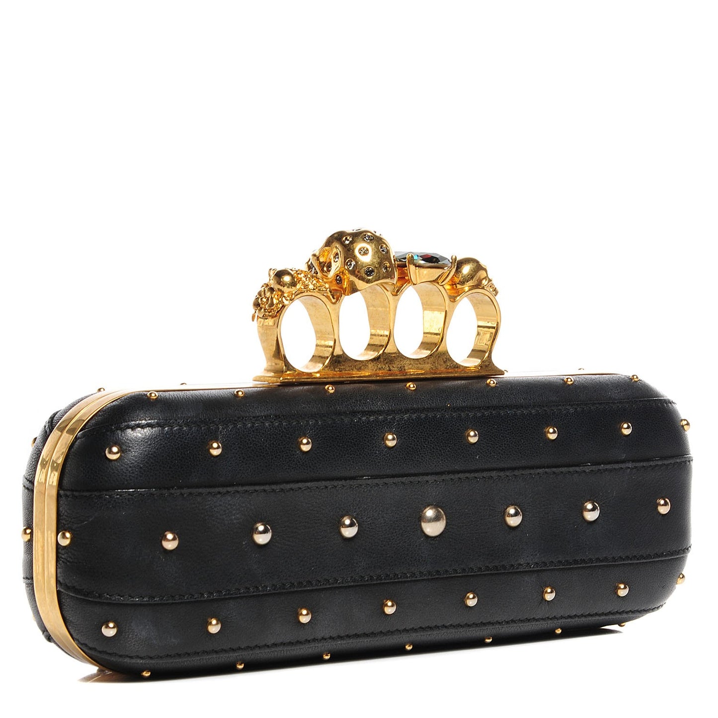 Nappa Leather Studded Skull Knuckle Box Long Clutch Black