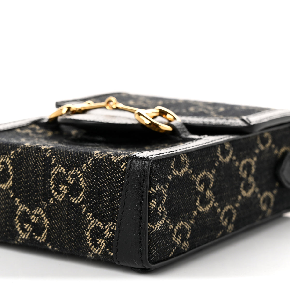 Jacquard Black Denim GG Monogram Textured Dollar Calfskin Mini Horsebit 1955 Crossbody Bag Black Ivory