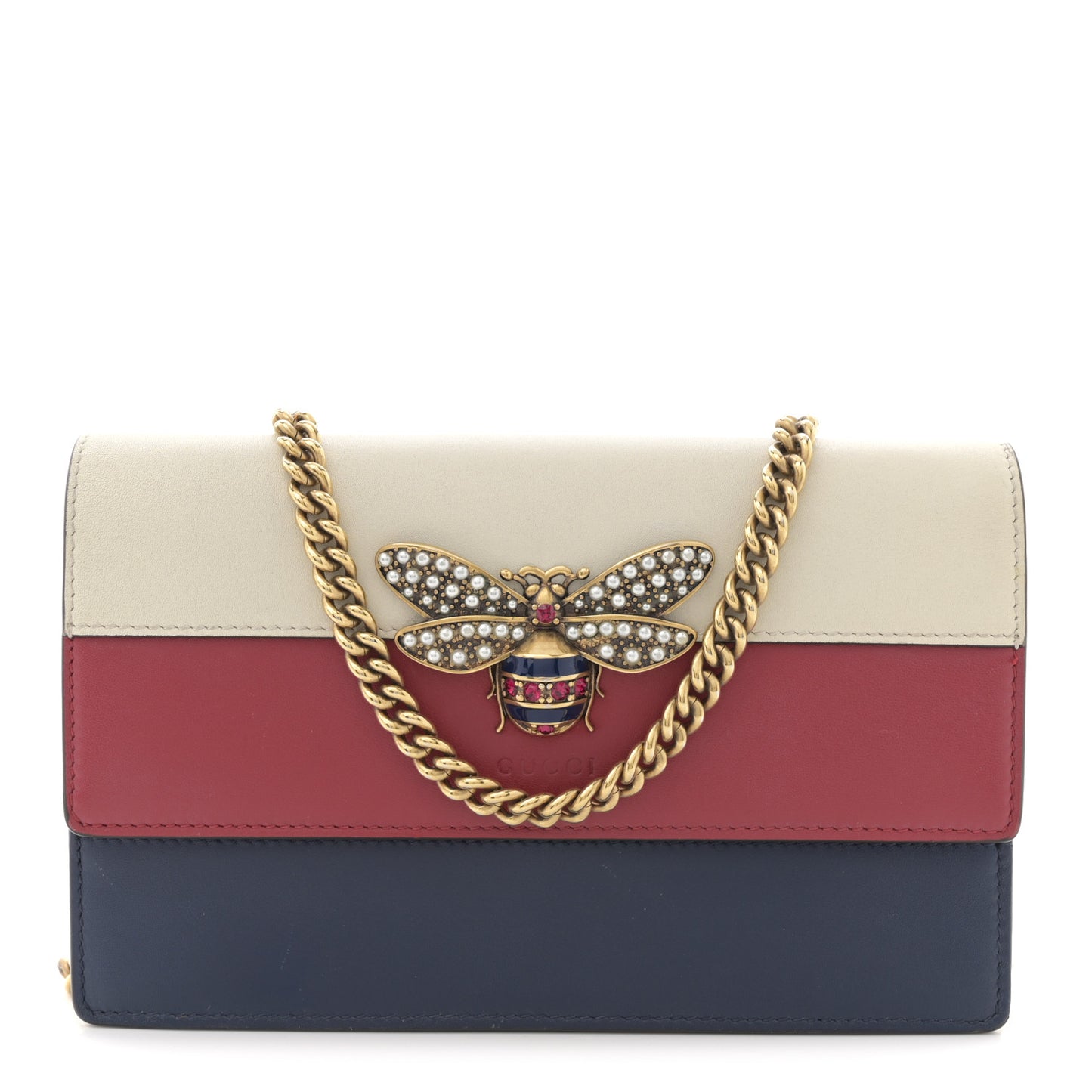 Calfskin Queen Margaret Chain Wallet Blue Agata Hibiscus Red Mystic White