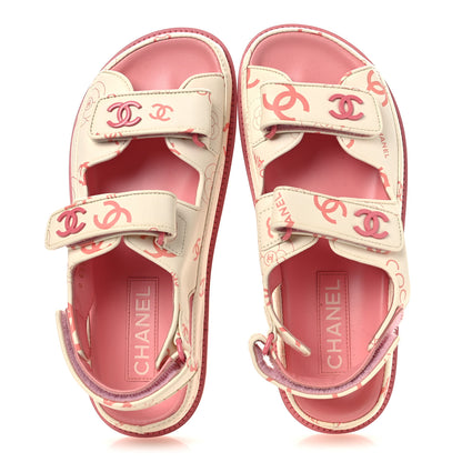 Chanel Lambskin Printed CC Velcro Dad Sandals 37 White Pink 3 of 20