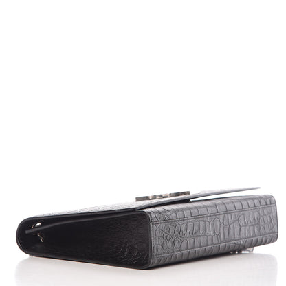 Saint Laurent Calfskin Crocodile Embossed Large Classic Monogram Kate Satchel Black 4 of 9