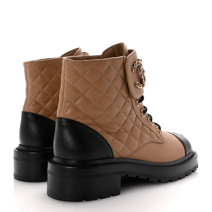 Chanel Lambskin Calfskin Quilted Lace Up Combat Boots 37.5 Light Brown Black 5 of 10