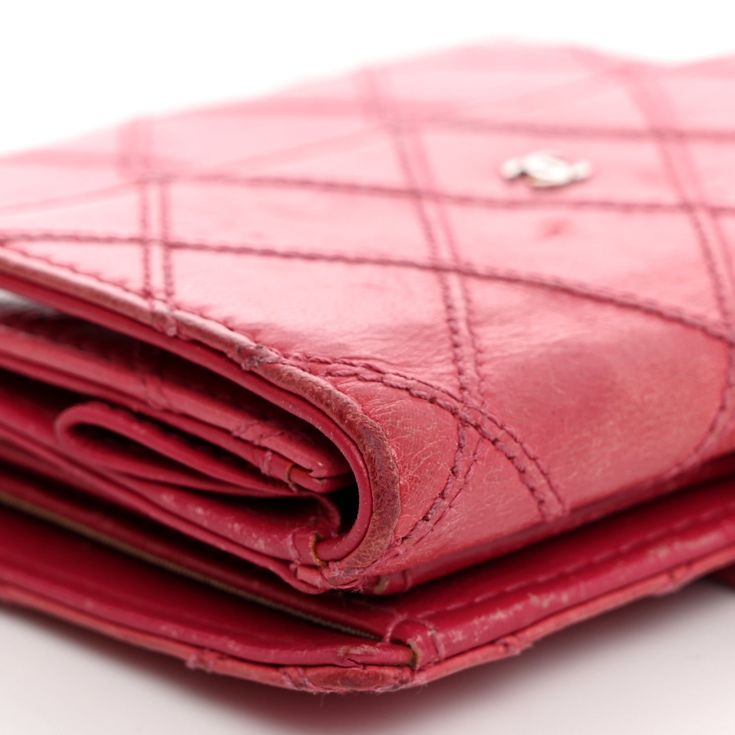 Calfskin Diamond Stitch Compact French Flap Wallet Pink
