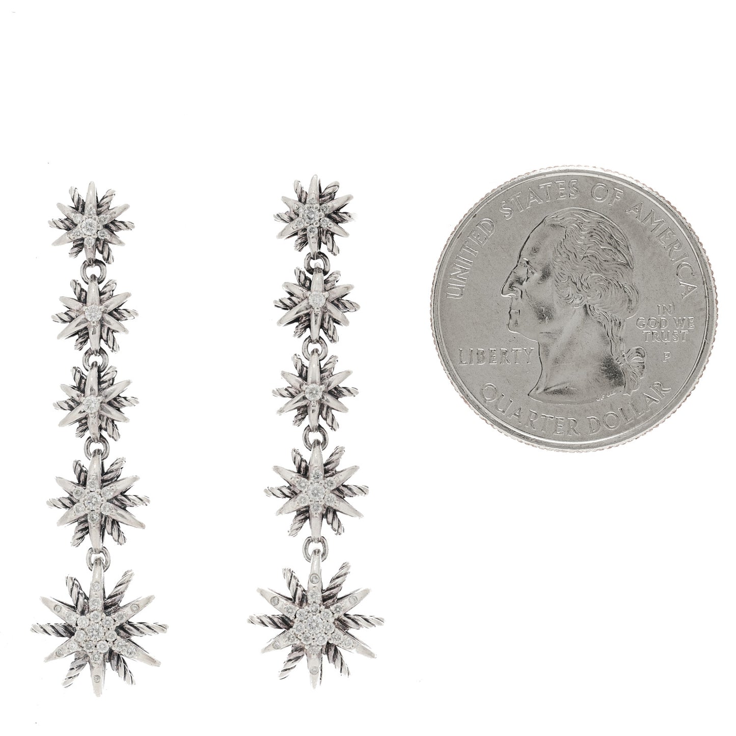 Sterling Silver Pave Diamond Starburst Drop Earrings