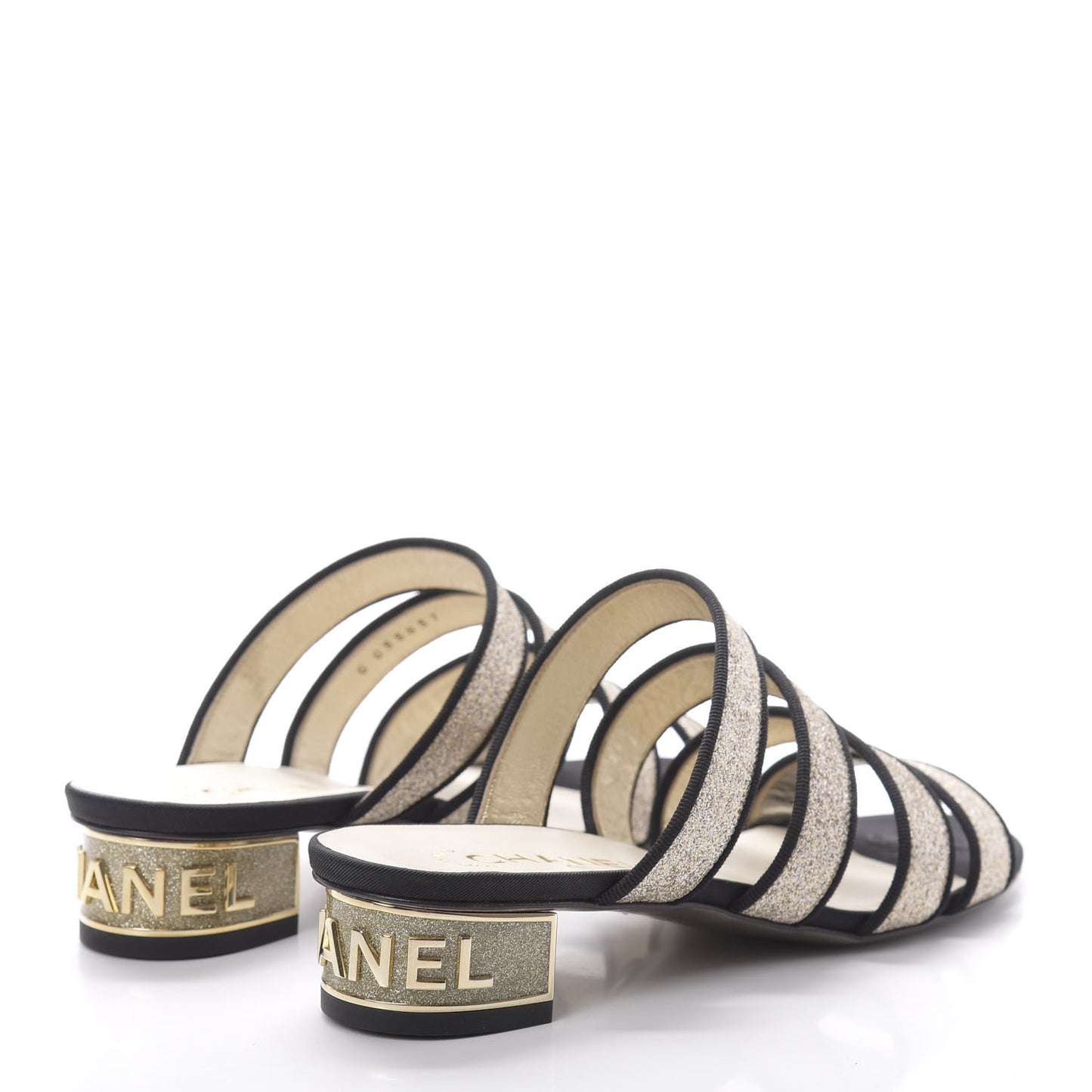 Sequin Grosgrain Logo Mules 37 Black Gold