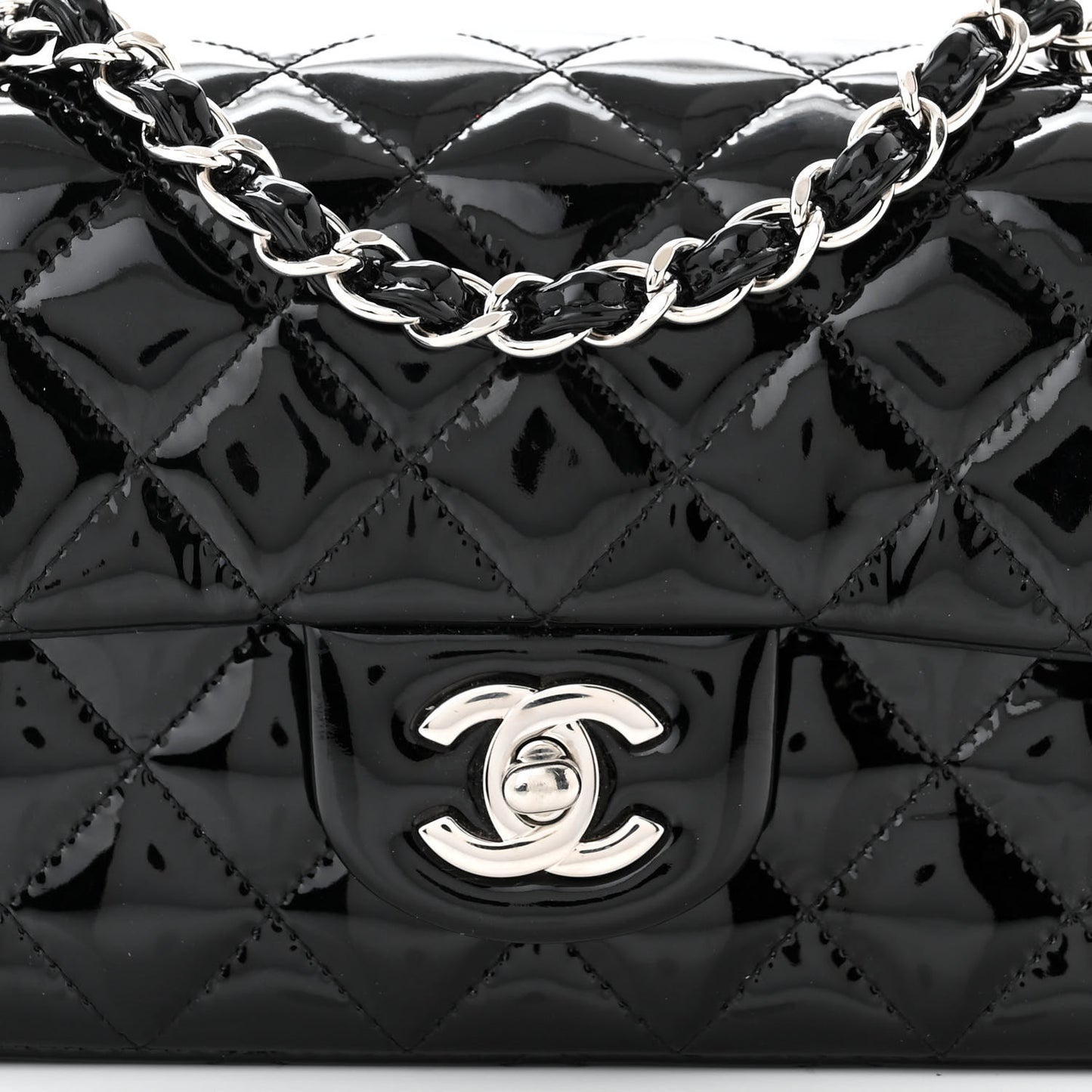 Patent Calfskin Quilted Mini Rectangular Flap Black