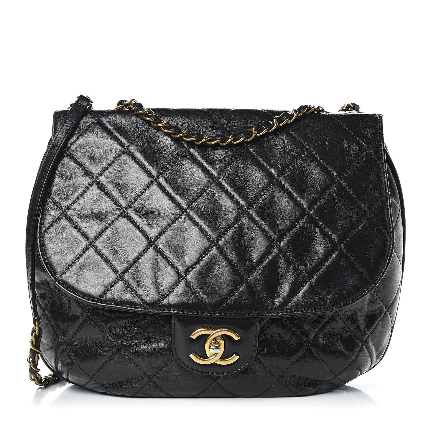 Aged Glazed Calfskin Quilted Large Bubble CC Flap Black