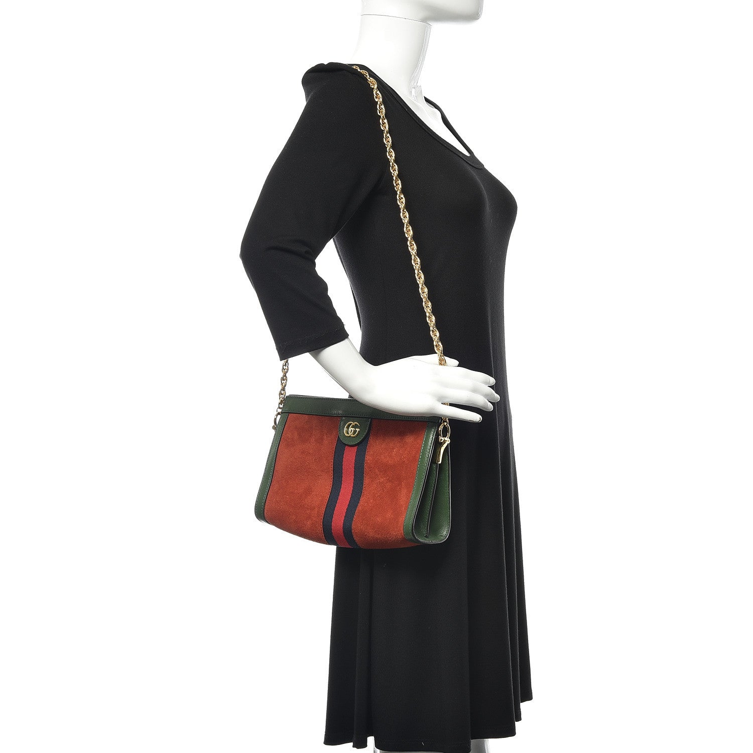 Gucci Suede Calfskin GG Web Small Ophidia Chain Shoulder Bag Brown Red Green 2 of 12
