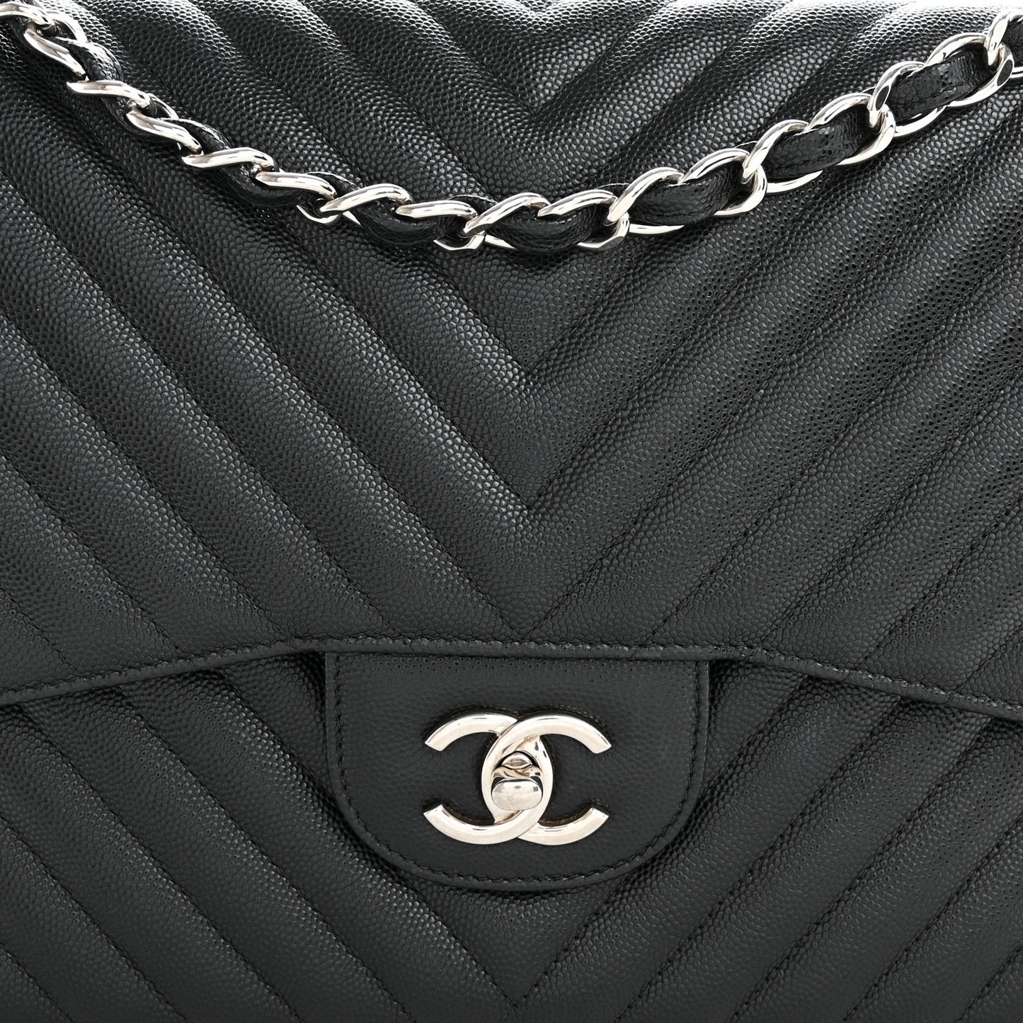 Iridescent Caviar Chevron Quilted Jumbo Double Flap Black