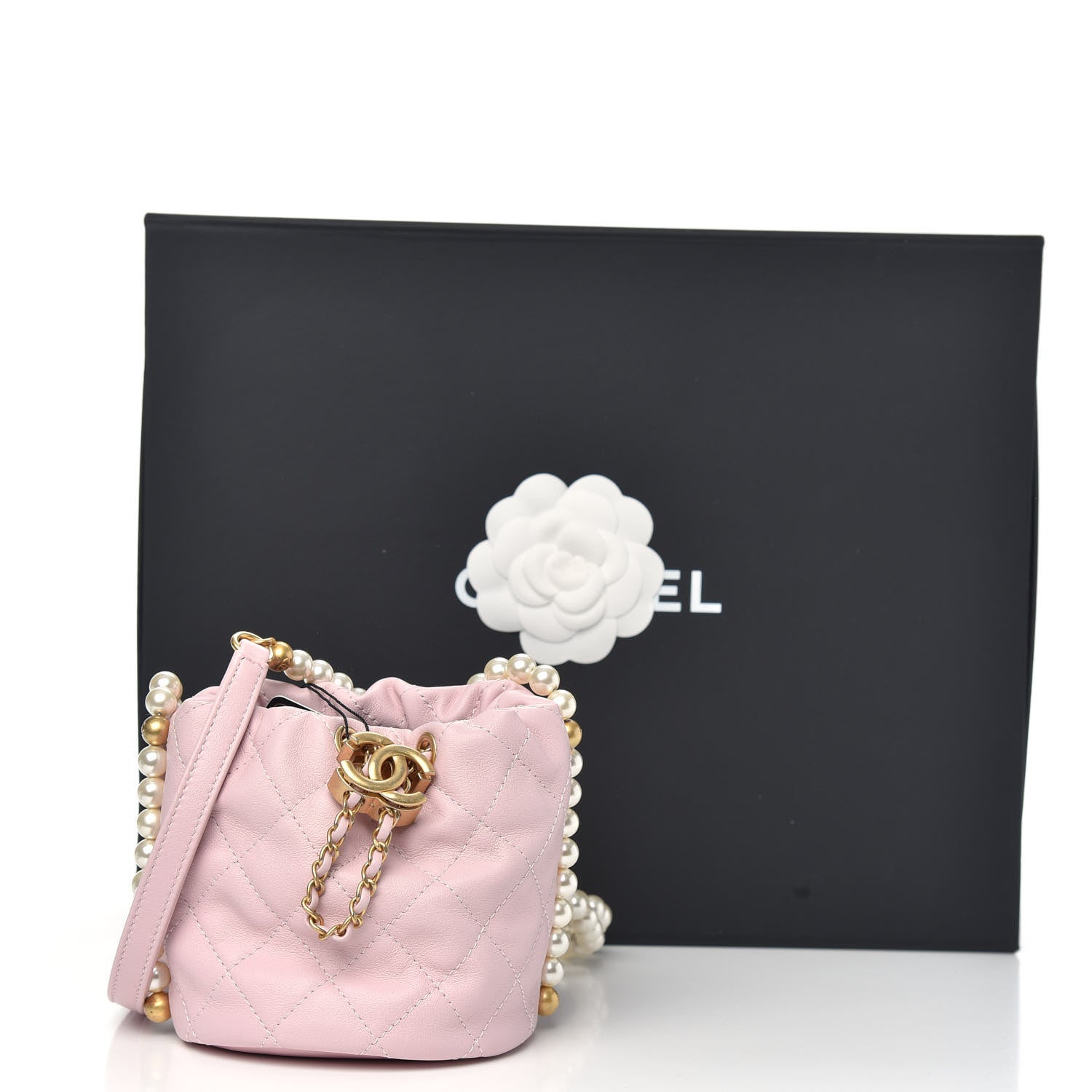 Chanel Calfskin Quilted Pearl Mini About Pearls Drawstring Bucket Light Pink 10 of 10