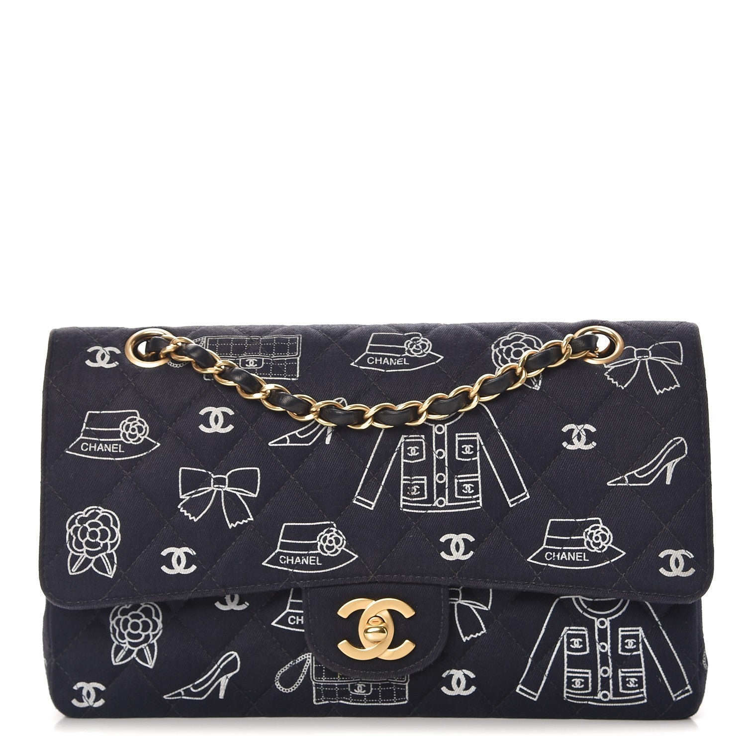 Chanel Canvas Printed Quilted Medium Double Flap Blue White 1 of 10