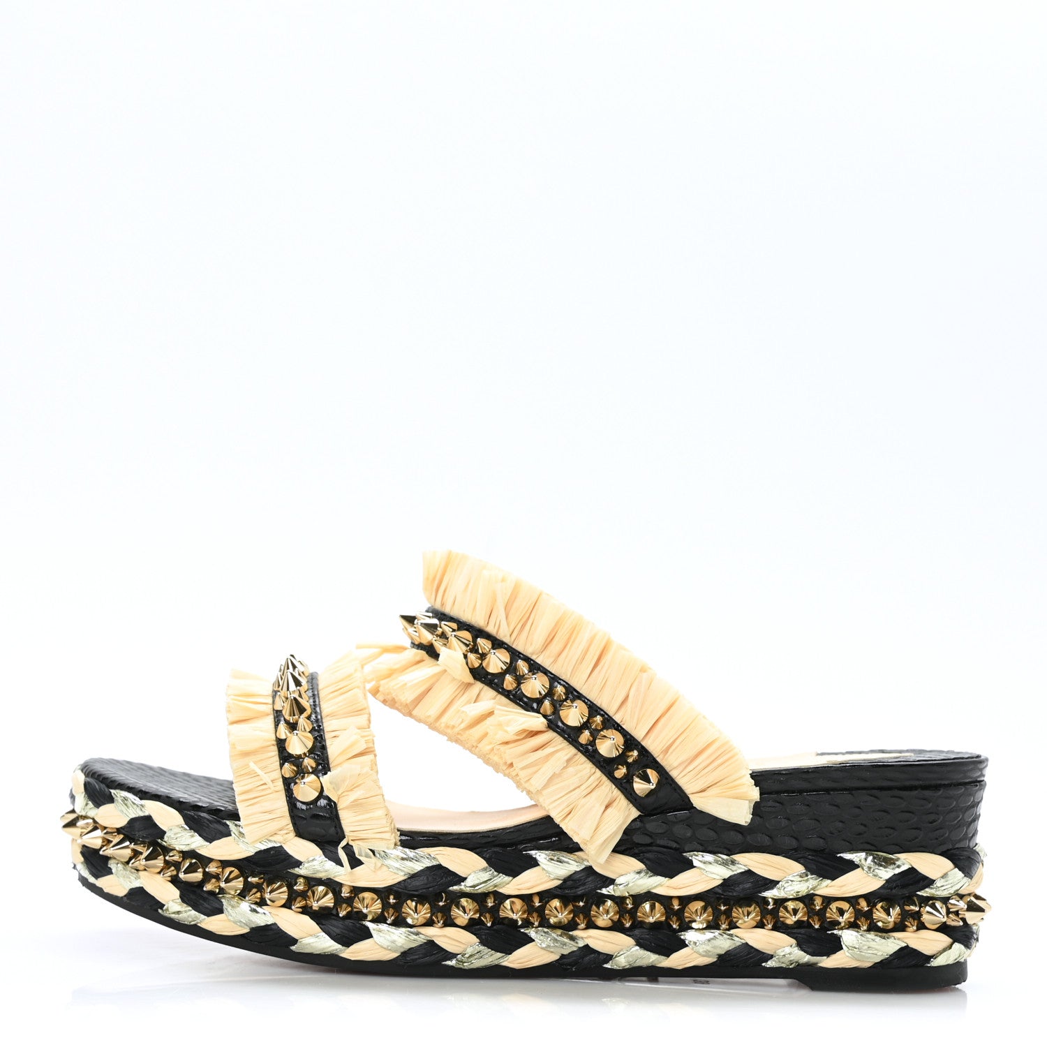 Christian Louboutin Jurassic Calfskin Rafia Voltinoudou 60 Spike Flatform Sandals 39 Black Savane 1 of 7