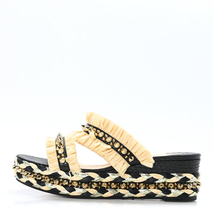 Christian Louboutin Jurassic Calfskin Rafia Voltinoudou 60 Spike Flatform Sandals 39 Black Savane 1 of 7