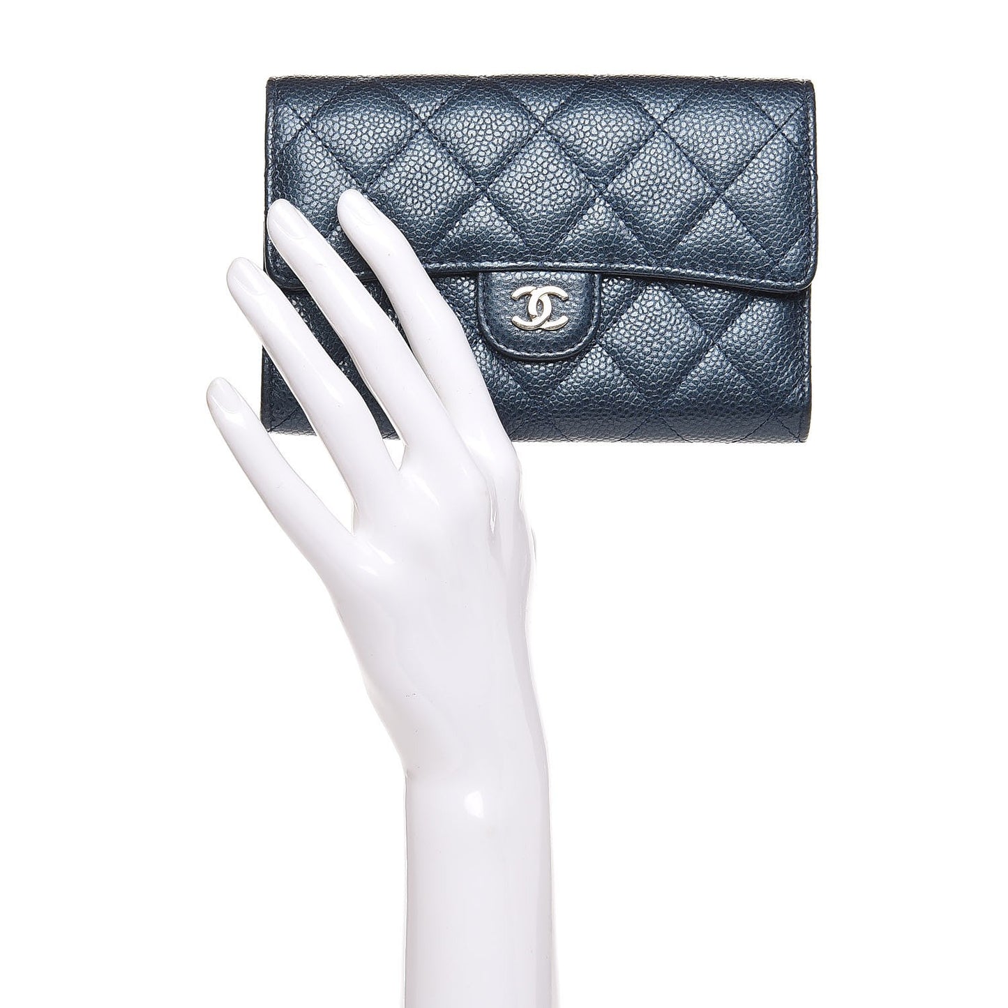 Metallic Caviar Quilted Small Flap Wallet Dark Blue