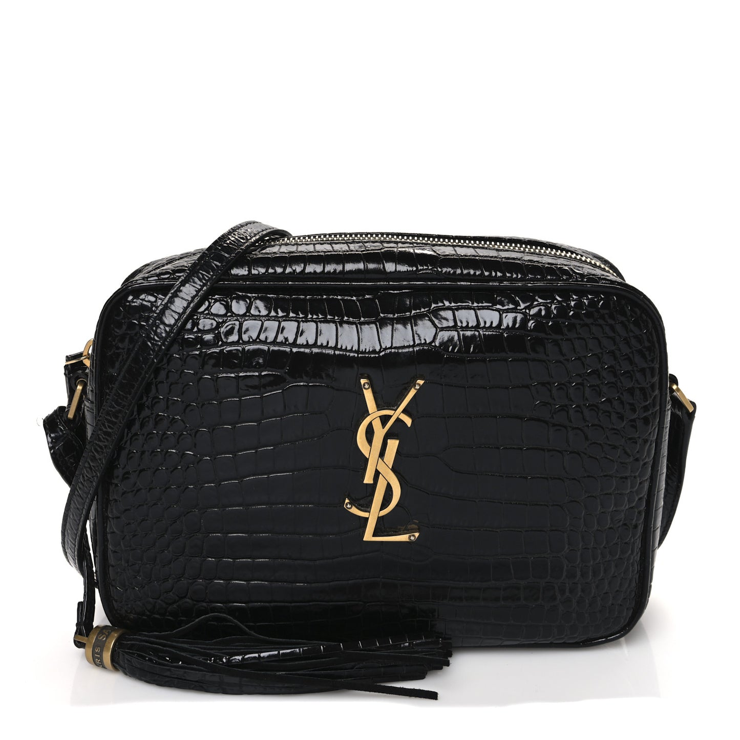 Patent Calfskin Crocodile Embossed Monogram Lou Camera Bag Black