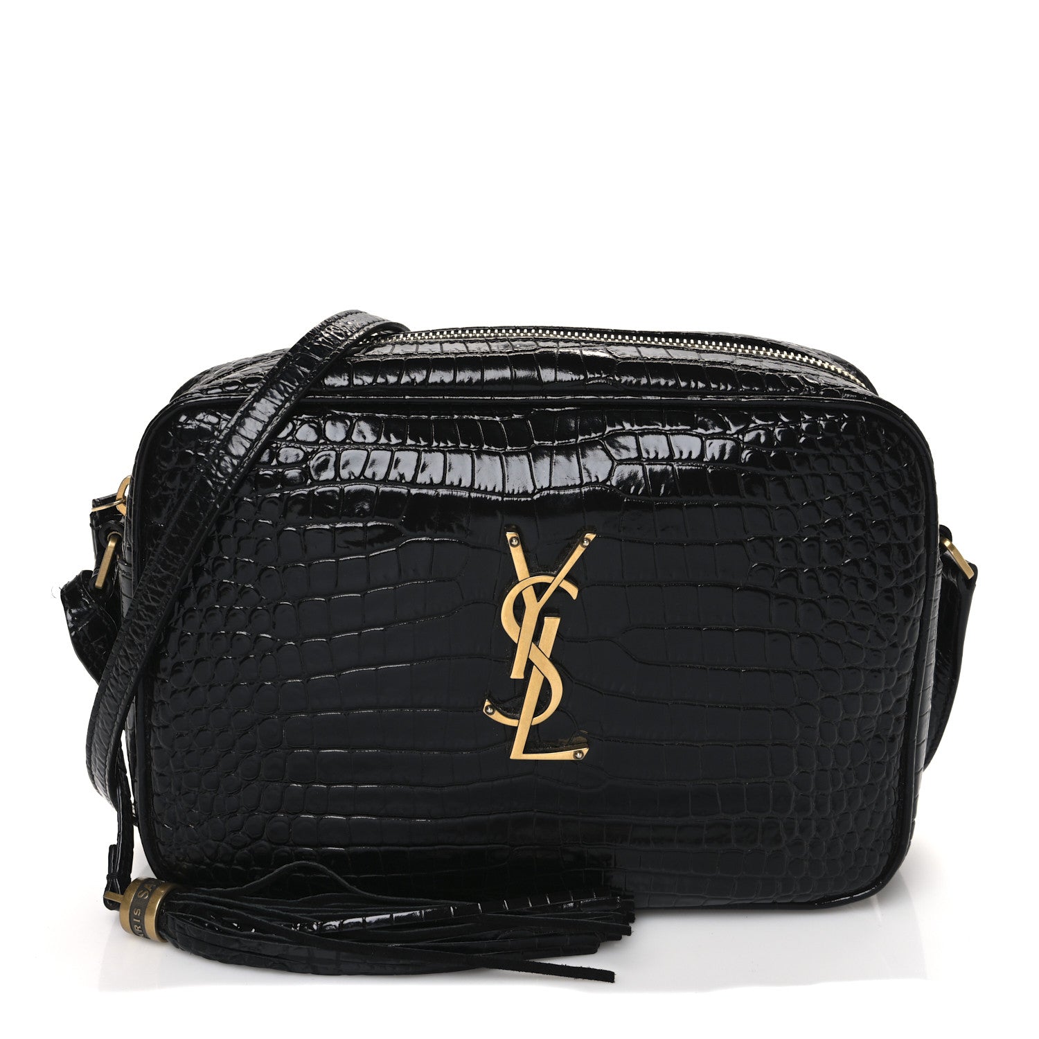 Saint Laurent Patent Calfskin Crocodile Embossed Monogram Lou Camera Bag Black 1 of 12