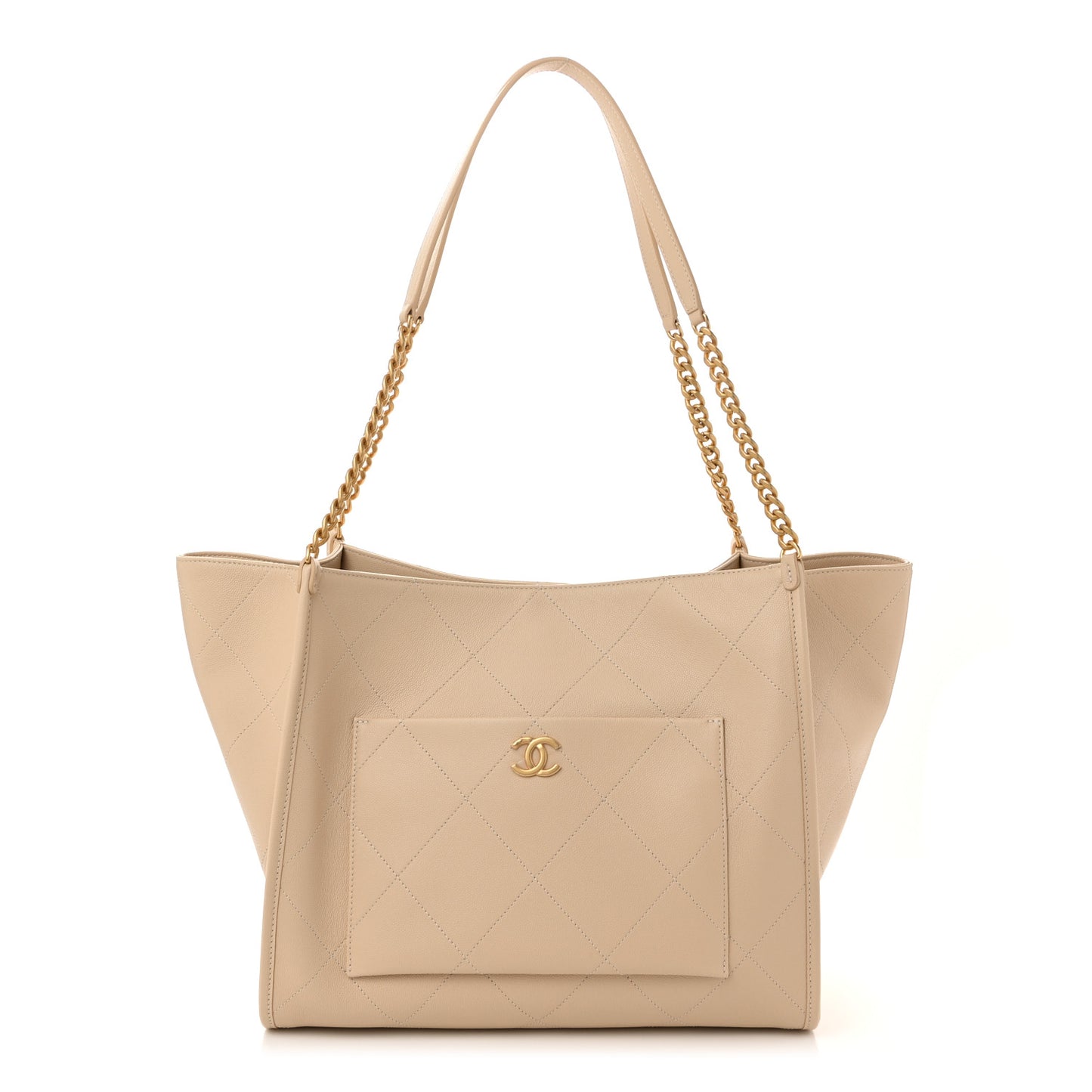 Caviar Stitched Pocket CC Large Tote Light Beige