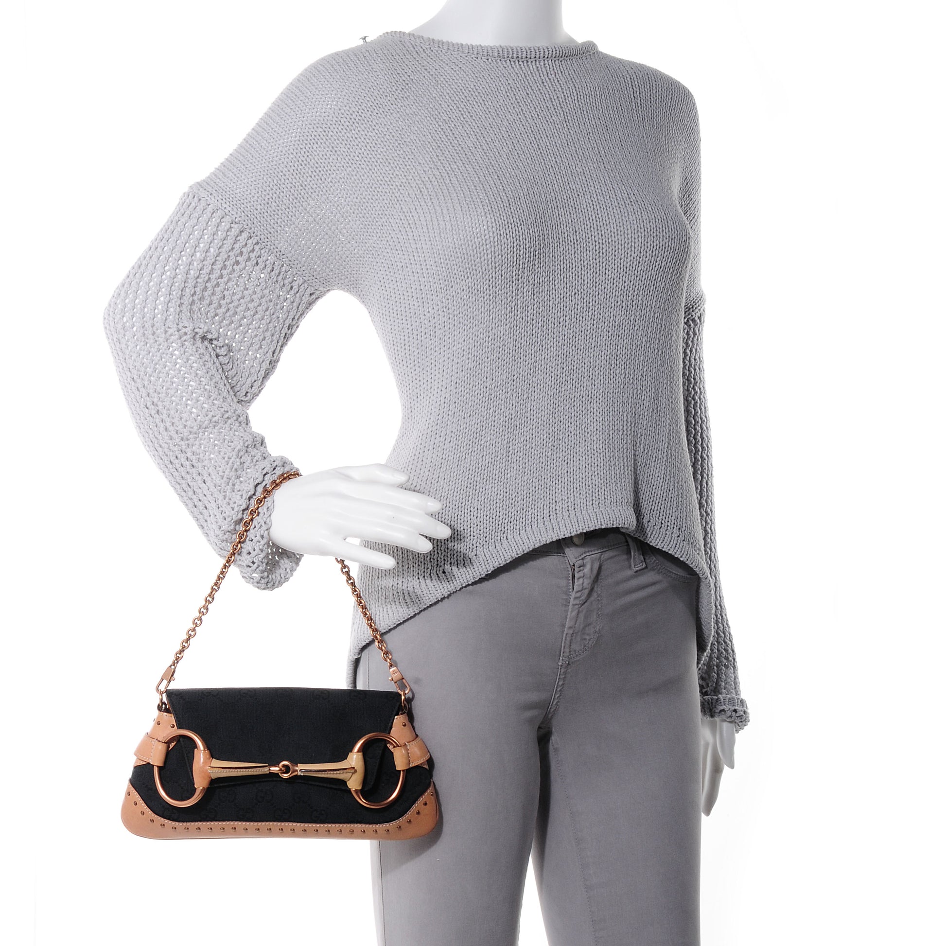 Gucci Canvas Leather Monogram Horsebit Clutch Black Tan 2 of 7