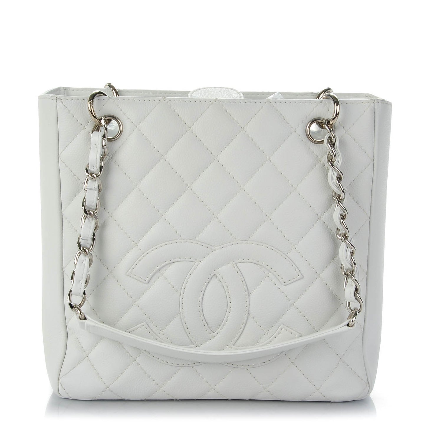 Caviar Quilted Petit Shopping Tote PST White