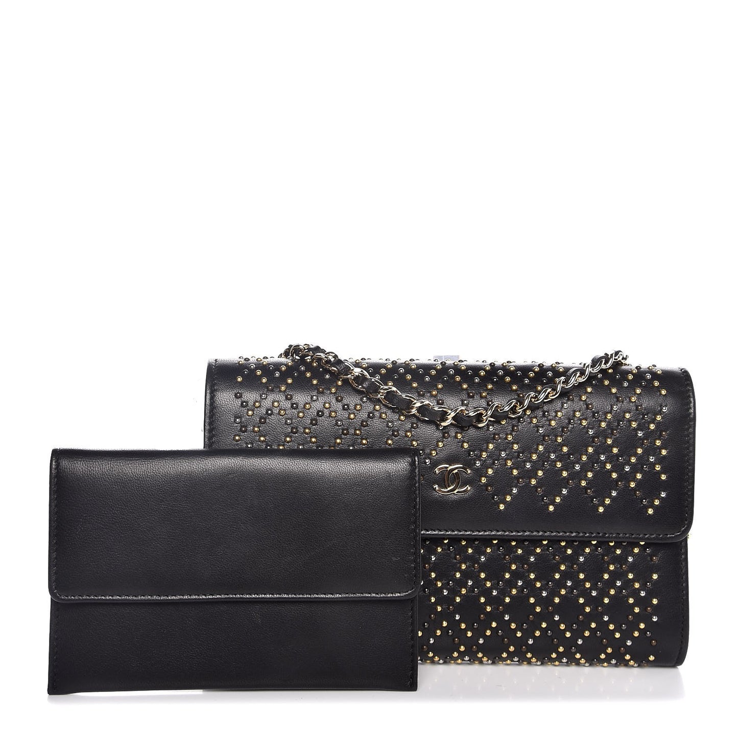 Lambskin Studded Wallet on Removable Chain Black