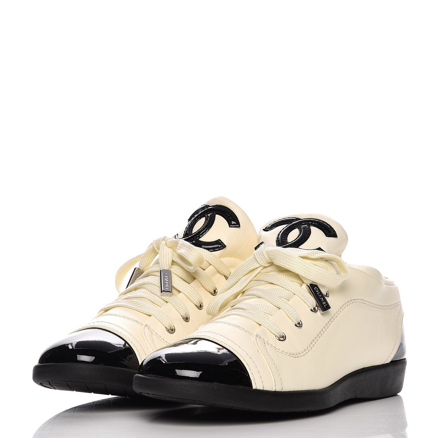 Chanel Lambskin Patent Cap Toe CC Sneakers 38 White Black 2 of 12