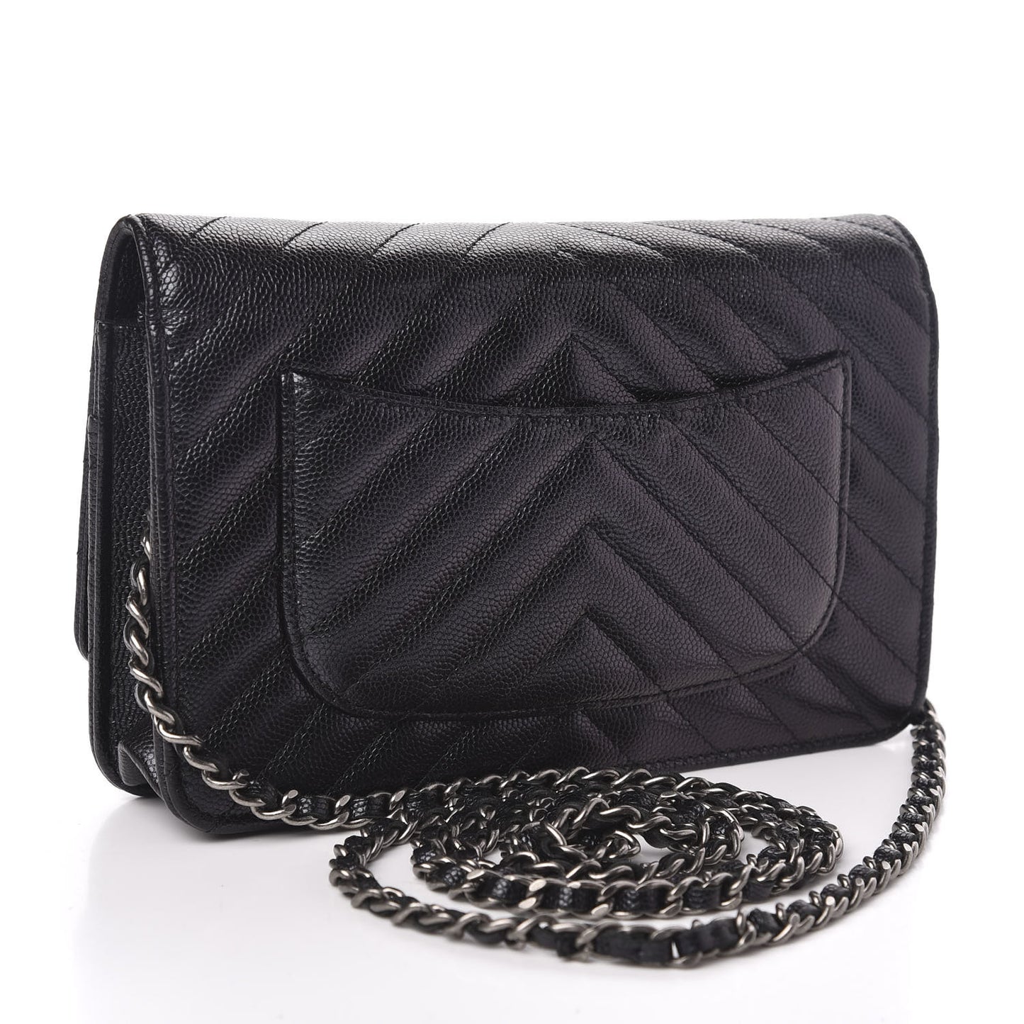 Iridescent Caviar Chevron Quilted Wallet On Chain WOC Black