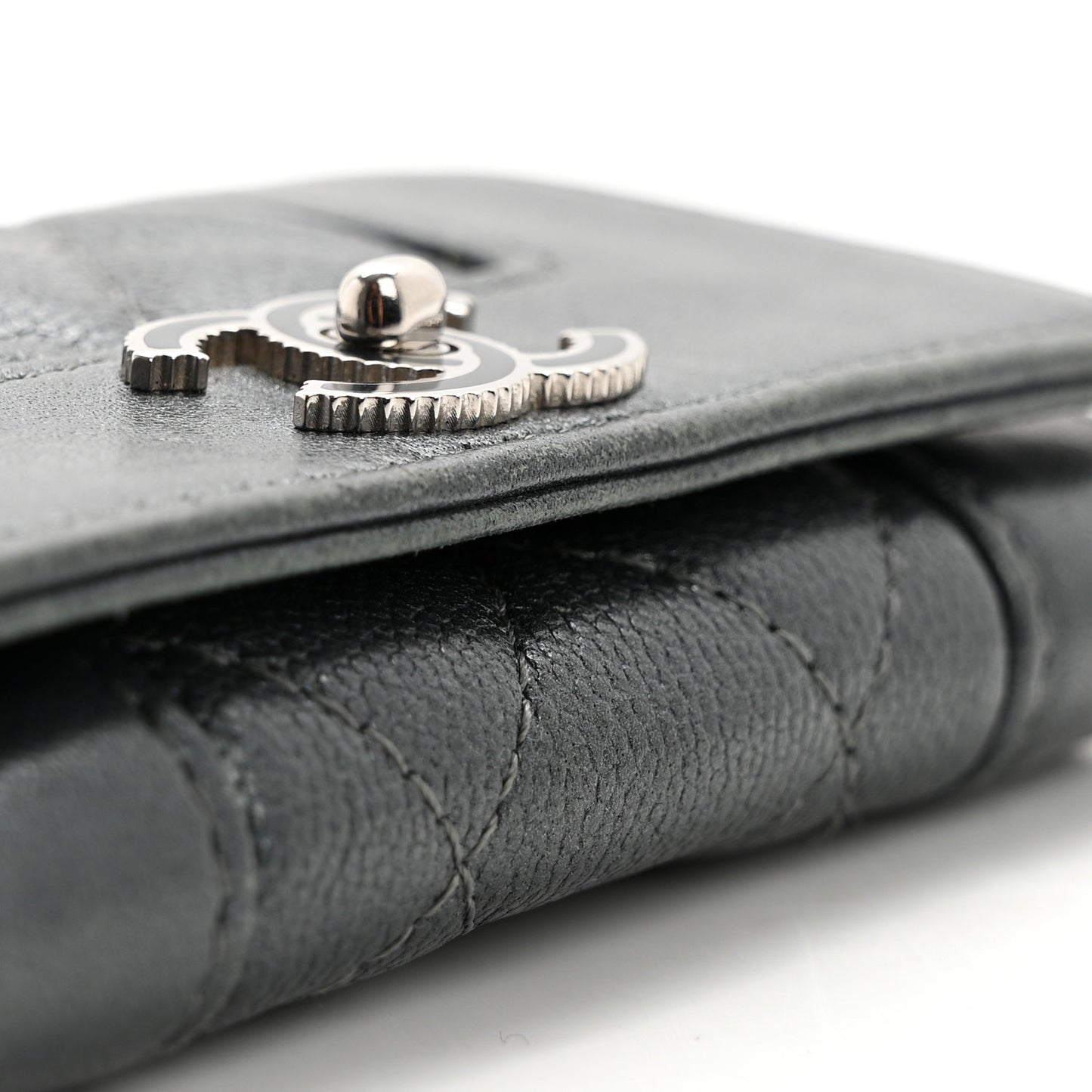 Metallic Caviar Quilted Vintage Mademoiselle Flap Card Holder Charcoal