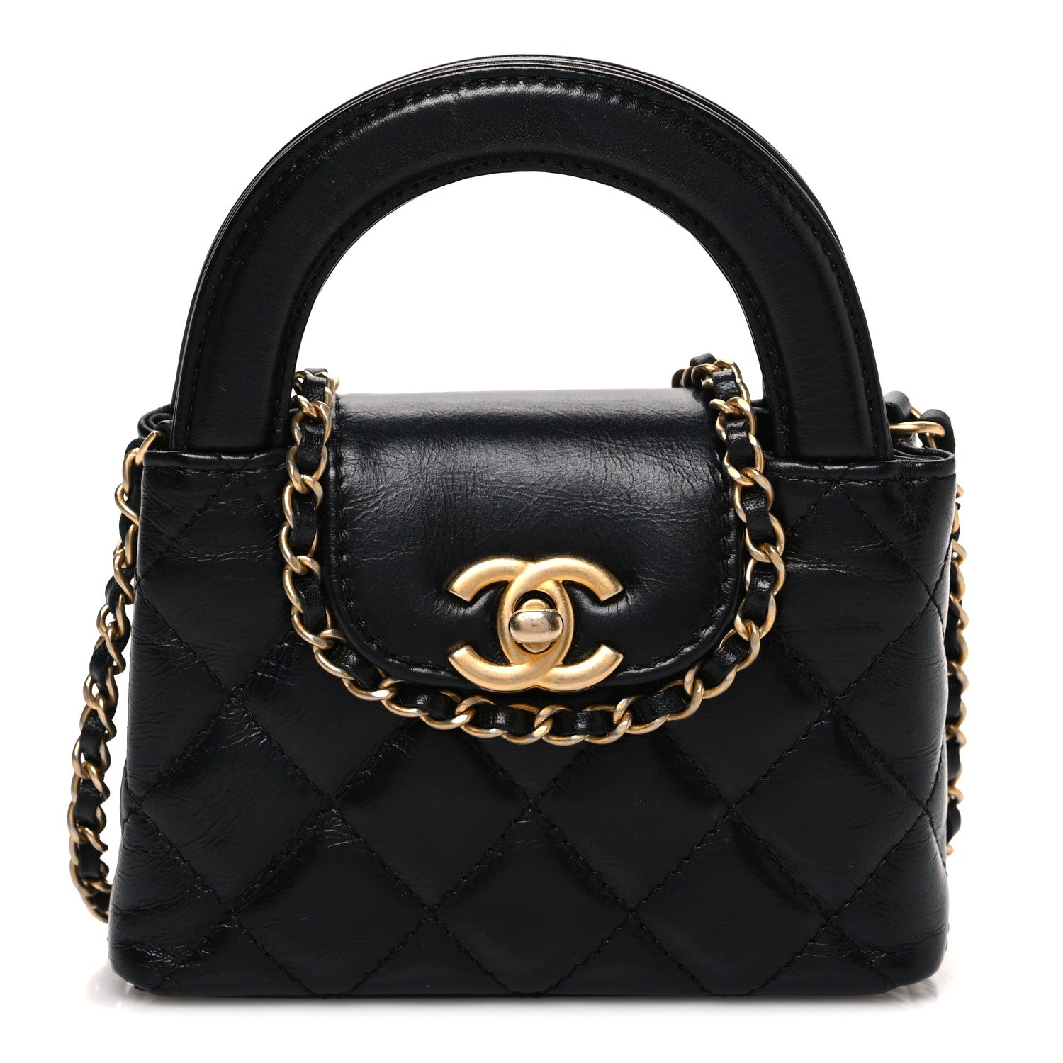 Chanel Shiny Aged Calfskin Quilted Mini Nano Kelly Shopper Black 1 of 9
