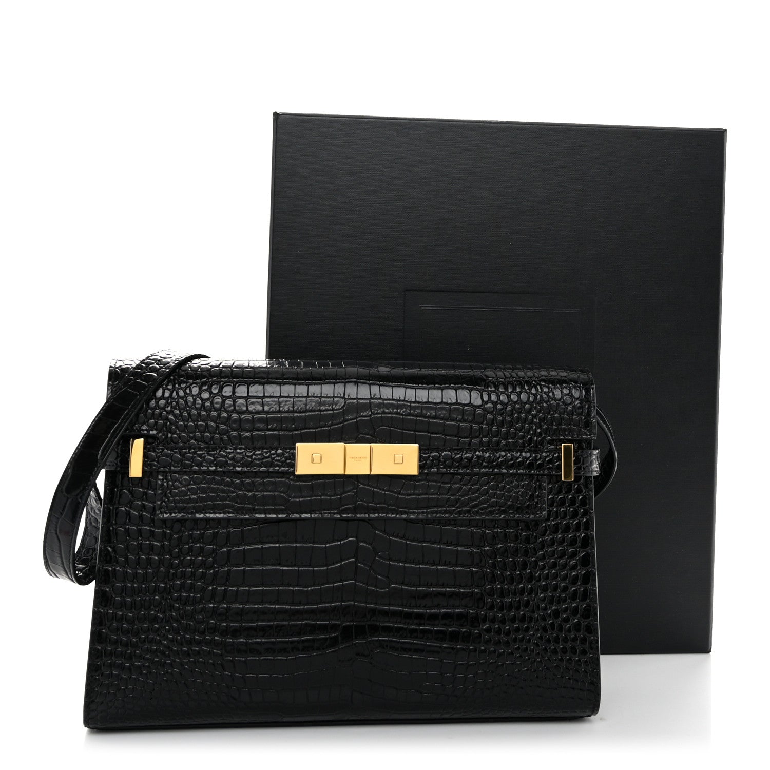 Saint Laurent Shiny Calfskin Crocodile Embossed Manhattan Baguette Black 10 of 10