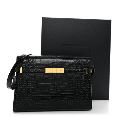 Saint Laurent Shiny Calfskin Crocodile Embossed Manhattan Baguette Black 10 of 10