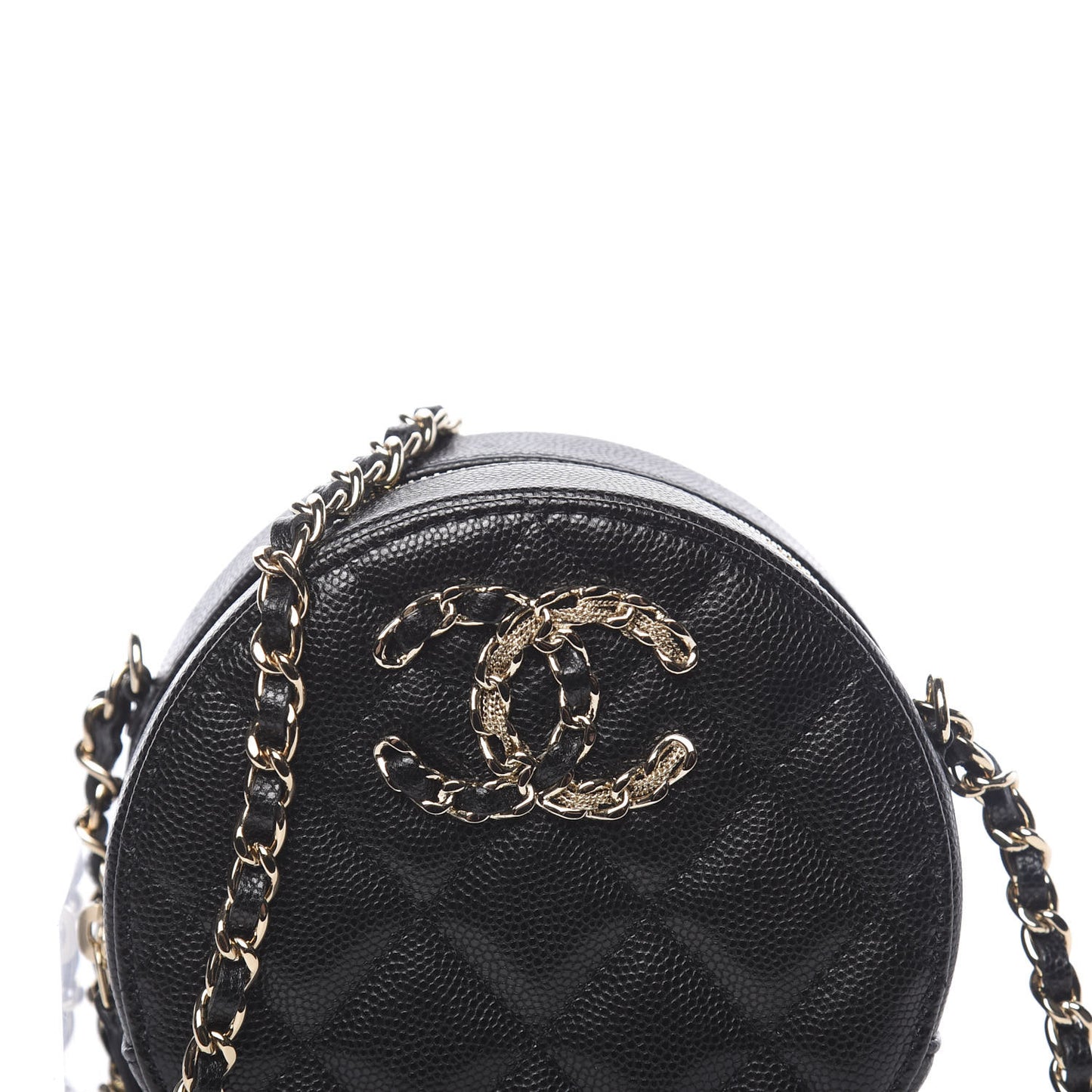 Caviar Quilted French New Wave Round Clutch With Chain Black