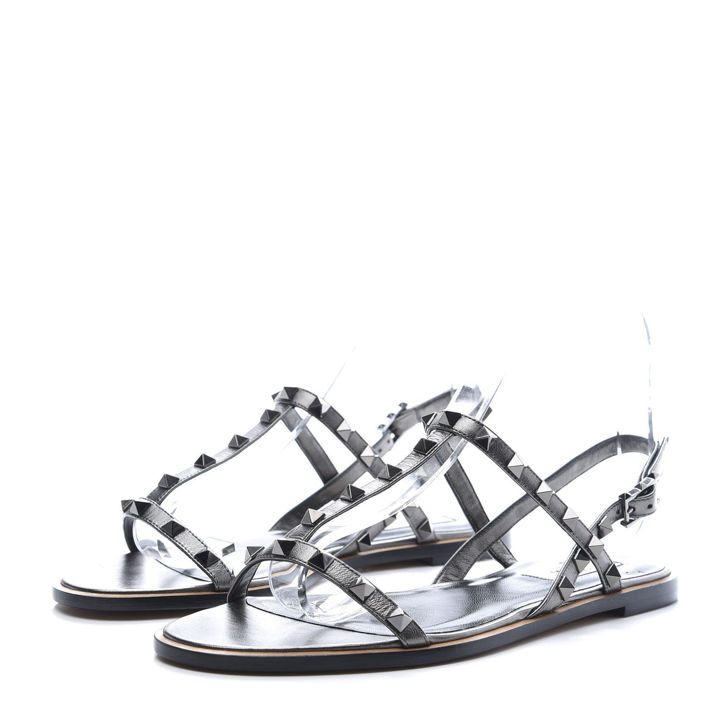 Metallic Nappa Rockstud T-Strap Slingback Flat Sandals 39 Rutenio